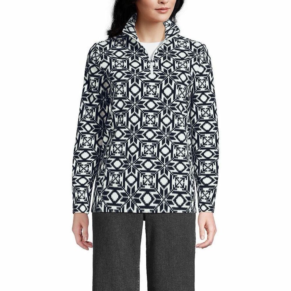 Lands' End Pullover Sweater Anyweather NEW Fleece Quarter Zip Ivory Black Snow L